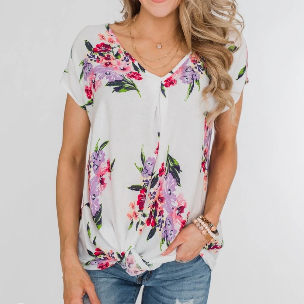 Ivory Floral Twist Front Short Sleeve Top M‎ - Picture 9 of 14